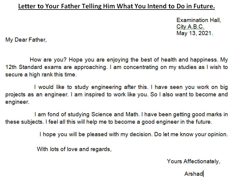 Letter to father example, Sample letter to father, Letter to your father telling him your future plans