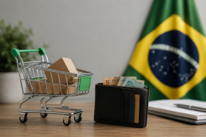 A imagem complementa essa proposta ao representar, de forma minimalista e realista, elementos ligados ao consumo e à economia brasileira. O carrinho de compras, a carteira com dinheiro e a bandeira do Brasil ao fundo simbolizam a relação entre poder de compra, situação financeira e cenário econômico nacional. A composição limpa e equilibrada transmite a ideia de atenção, prudência e expectativa diante do contexto econômico do país em 2026.